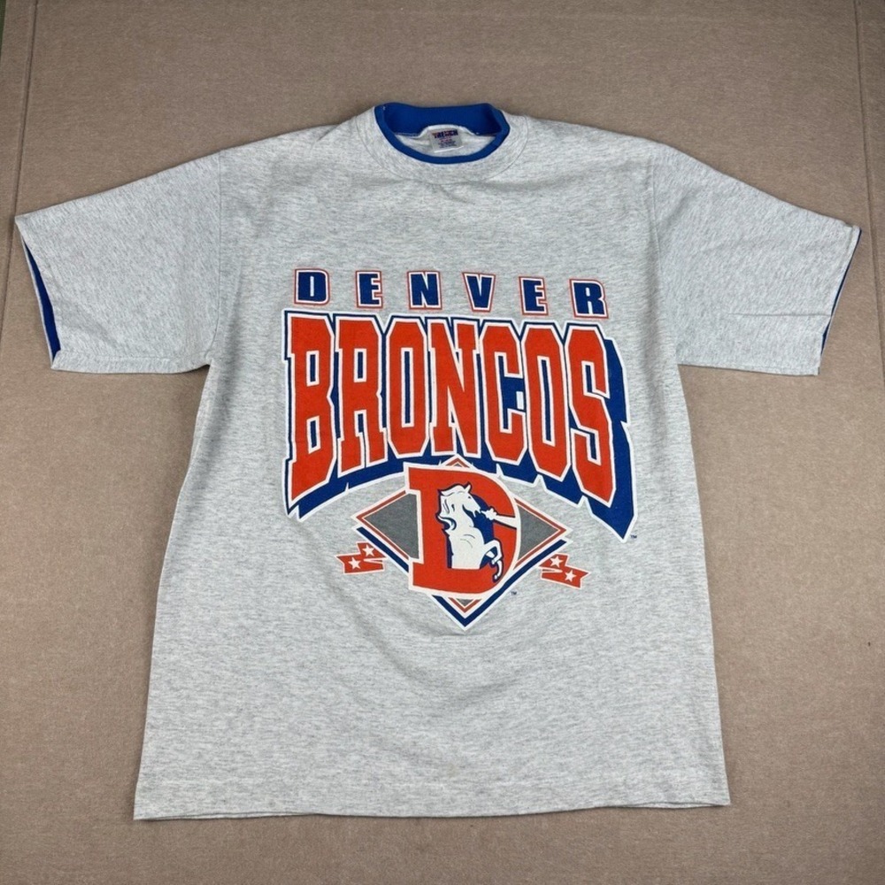 Vintage Denver Broncos Shirt Mens M Gray NFL Football USA Single Stitch Ringer T